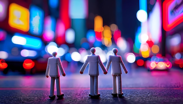 Toy figures holding hands walking on sidewalk in a busy city neon light