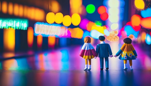 Toy figures holding hands walking on sidewalk in a busy city neon light