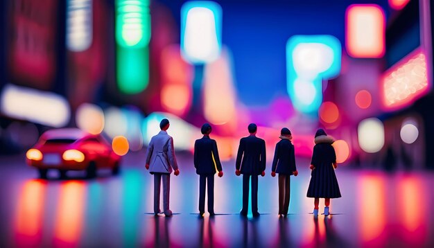 Toy figures holding hands walking on sidewalk in a busy city neon light