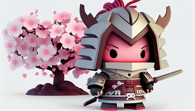 ピンク色の桜の木を背景にした武士のおもちゃの置物。