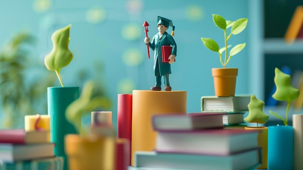 игрушечная статуэтка стоит на стойке книг с растением на заднем плане