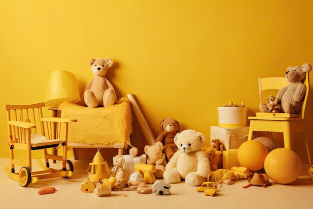 Toy filled childrens room on a yellow background