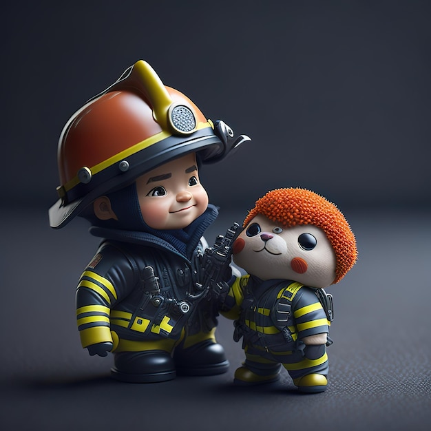 A toy fireman and a fireman are standing next to each other.