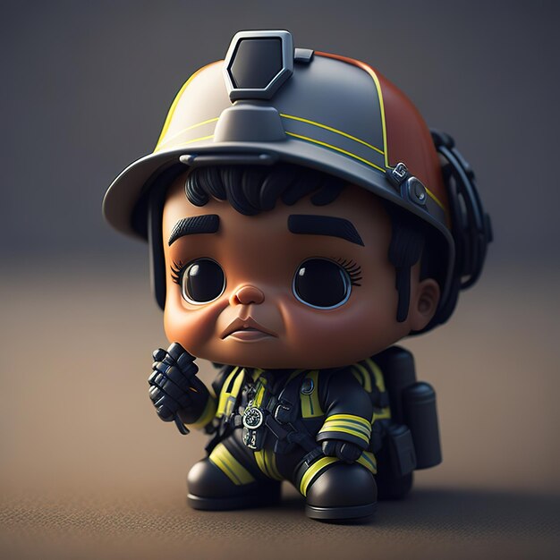 A toy fireman with a fireman helmet on sitting on a table.