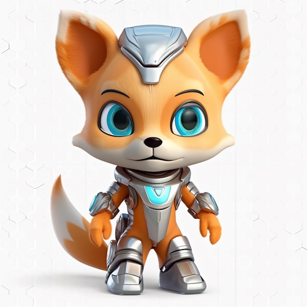A toy fox with a silver helmet and blue eyes stands in front of a white background.