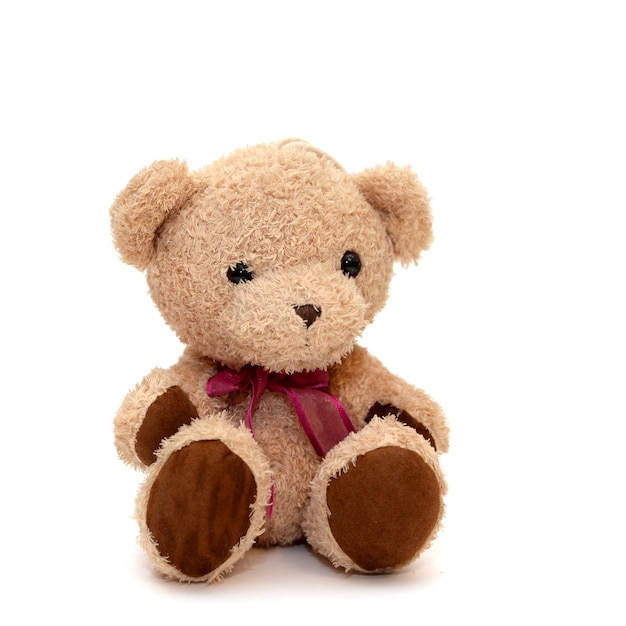 Toy funny cute bear with a red bow on the neck isolated on white surface