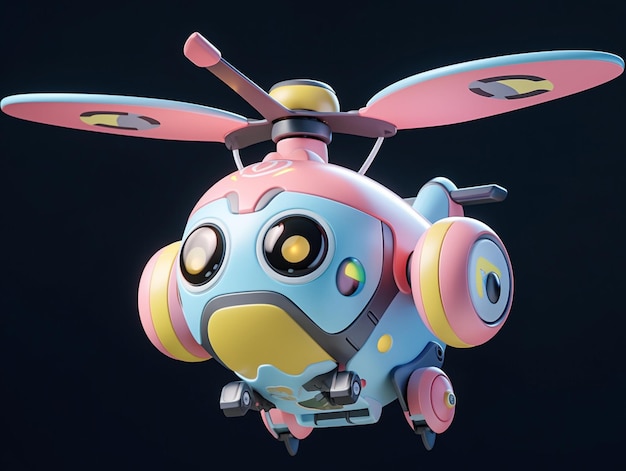 A toy helicopter with a pink and blue color scheme.