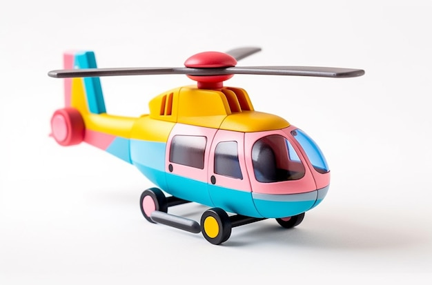 A toy helicopter with a red, blue, and yellow color scheme is on a white background.
