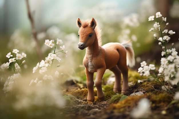 a toy horse is standing in the grass and has flowers in the background