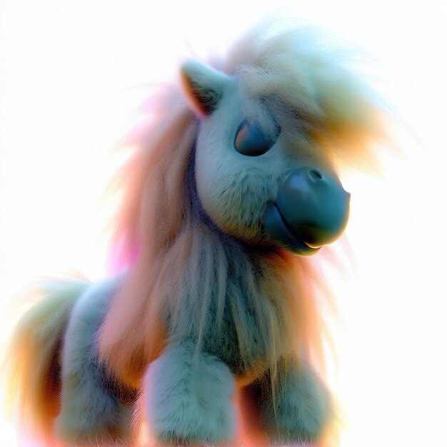 A toy horse with a blue mane and blue eyes is standing in front of a white background.