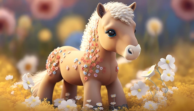 A toy horse with flowers on it