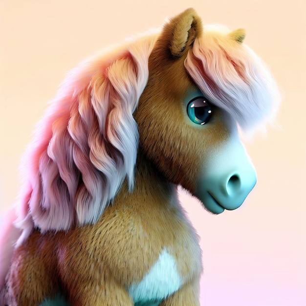 A toy horse with a pink and blue eye and a pink background.