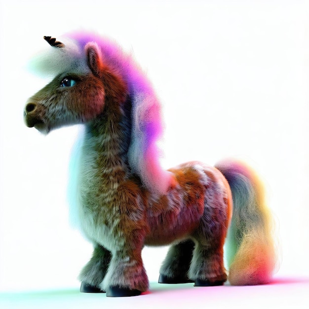 虹色のたてがみとしっぽを持つおもちゃの馬。