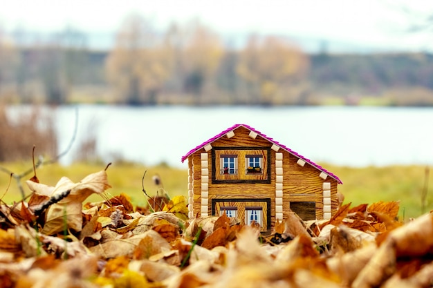 Foto giochi la casa vicino al fiume fra le foglie di autunno