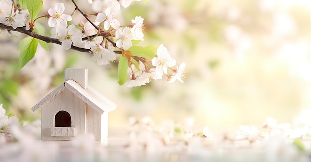 Toy house and cherry flowers spring abstract natural background