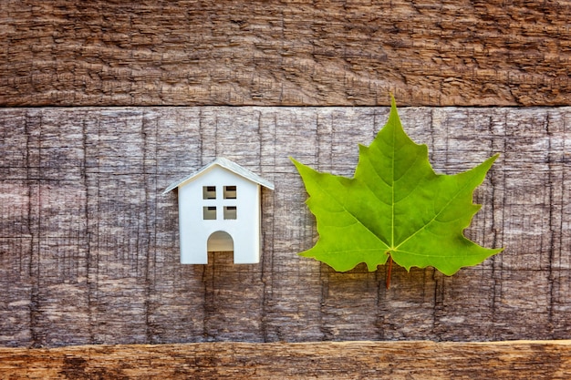 Toy House and green maple leaf on wooden background