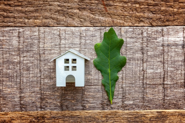 Toy House and green oak leaf on wooden background