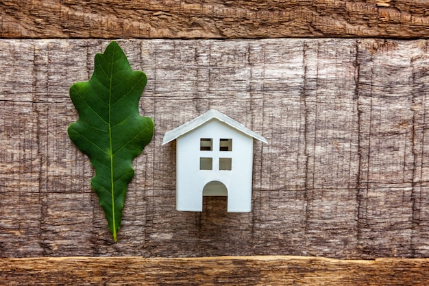 Toy House and green oak leaf on wooden background