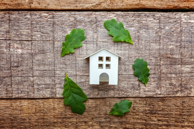 Toy House and green oak leaves on wooden background