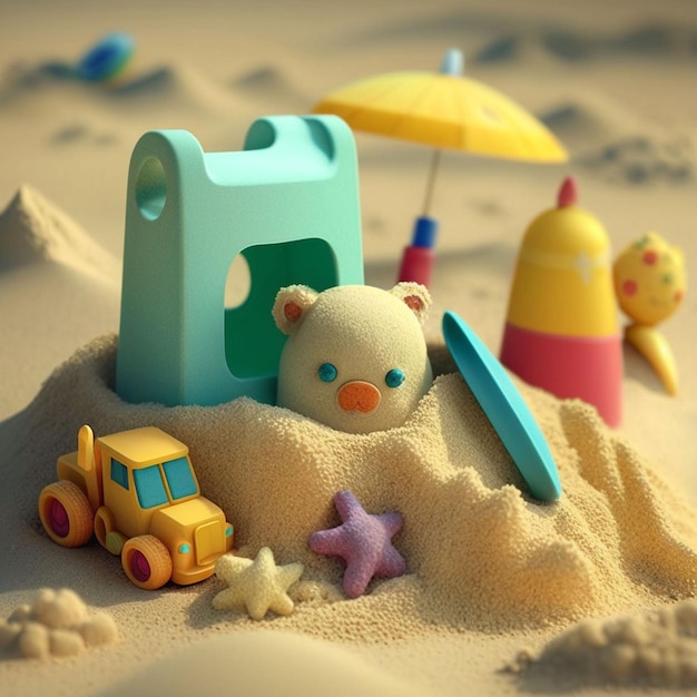 A toy house is in the sand with a teddy bear on it.