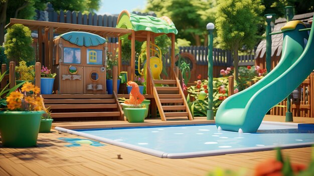 Photo a toy house with a pool and a pool with a green umbrella