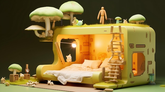 a toy house with a tree and a bed with mushrooms on it.