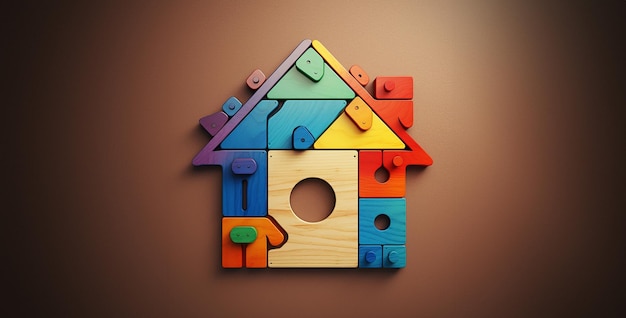 Photo toy house on a wooden simple coloured puzzle house wood effect that for child