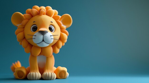 Toy lion on blue background with copy space for text or design