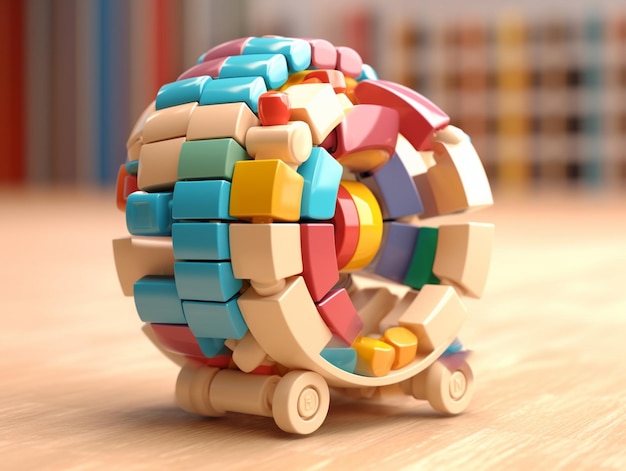 A toy made of wooden blocks is on a table