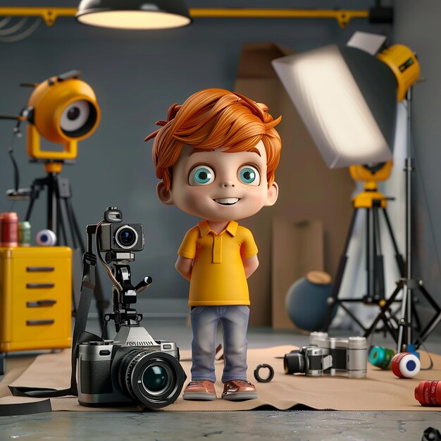 a toy man stands in front of a camera with a camera on it