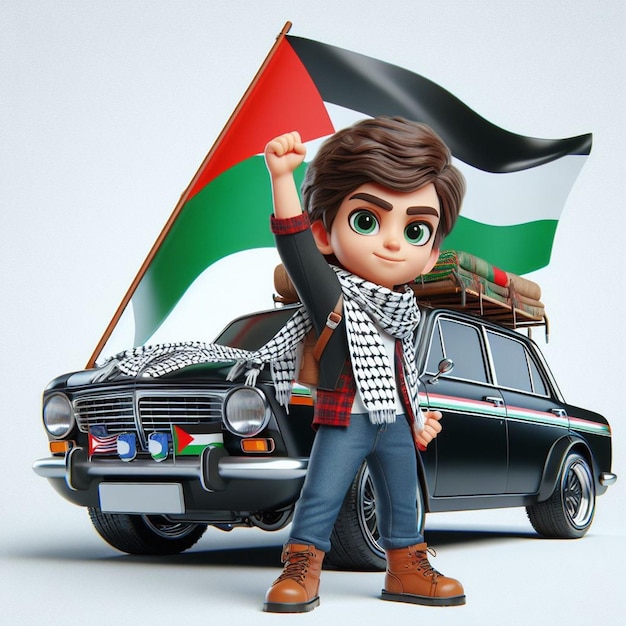 a toy man with a flag on his head and a car with a flag on the top
