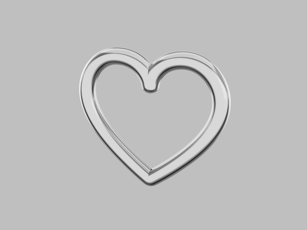 장난감 금속 심장 사랑의 상징 은색 단색 단색 회색 배경에 오른쪽 보기 3d 렌더링