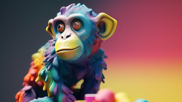 A toy monkey with a rainbow background