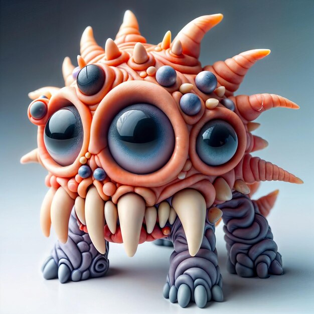 A toy monster with electric blue eyes sharp teeth and a fashionable accessory