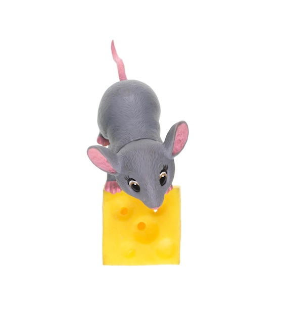 toy mouse and cheese isolated on white background