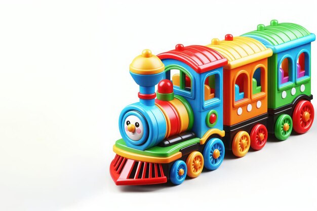 Toy multicolored train on white background Space for text