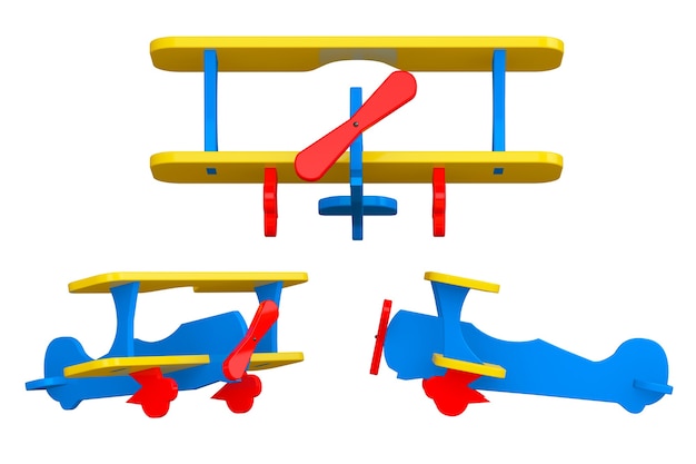 Photo toy multicoloured biplanes on a white background. 3d rendering