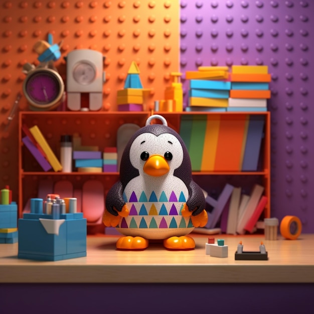 A toy penguin sits on a table in front of a colorful lego display.