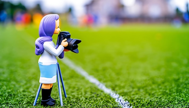 Toy Photographer on the sidelines of a soccer field AI generated