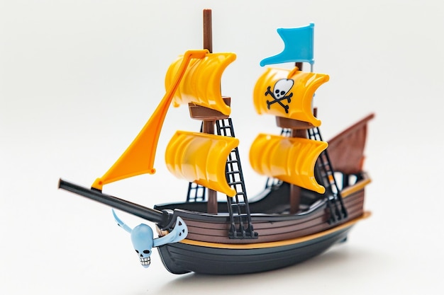 Фото Игрушечный пиратский корабль на белом фоне