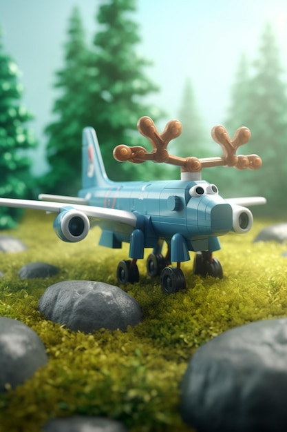 A toy plane with antlers on its nose is on a grassy field