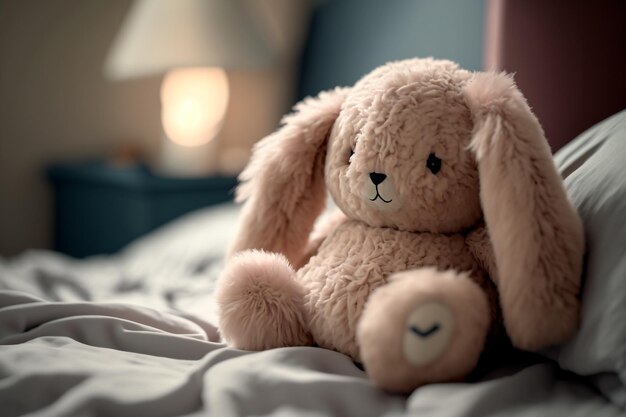 Toy plush soft rabbit on the bed Generative AI