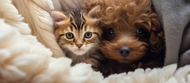 Toy Poodle puppy knuffelt tabby kitten onder deken op bed Bovenaanzicht Ruimte voor tekst