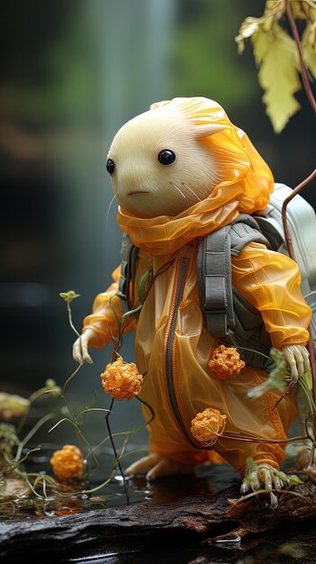 Photo a toy rabbit with a yellow scarf and a bag of flowers