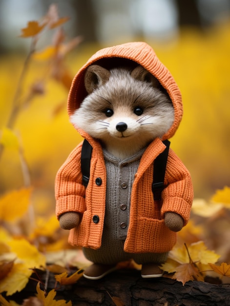 A toy raccoon dressed in an orange jacket standing on a log