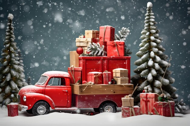 Foto un camion giocattolo rosso con albero di natale e regali sulla neve