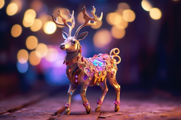 A toy reindeer is standing on a wooden table Generative AI image