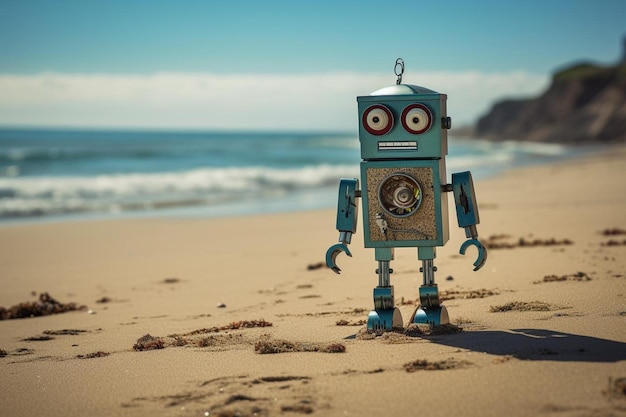 Photo a toy robot on a beach near the ocean