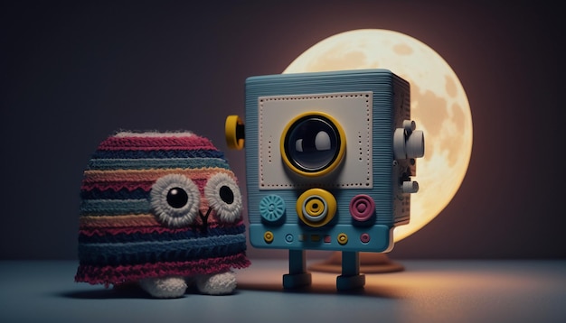 A toy robot and a owl with a full moon behind it.