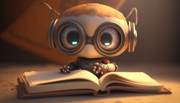 A toy robot sits on a book and reads a book.